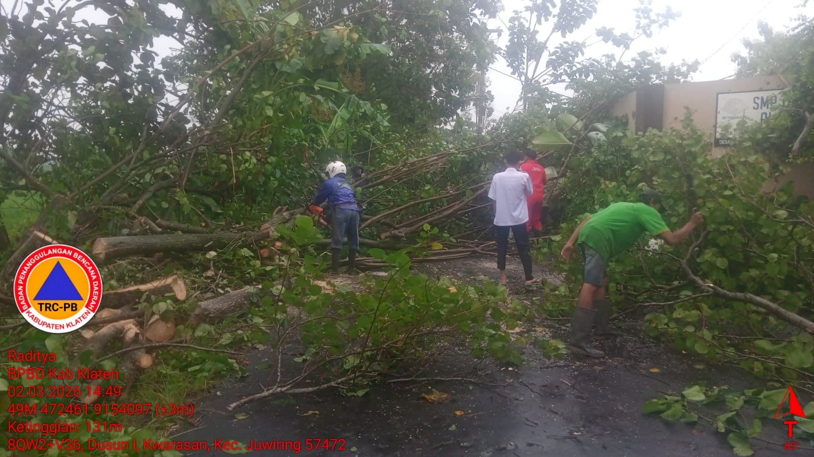 Hujan Disertai Angin Kencang, Sebabkan Pohon Tumbang Menutup Akses Jalan di Desa Kwarasan Juwiring