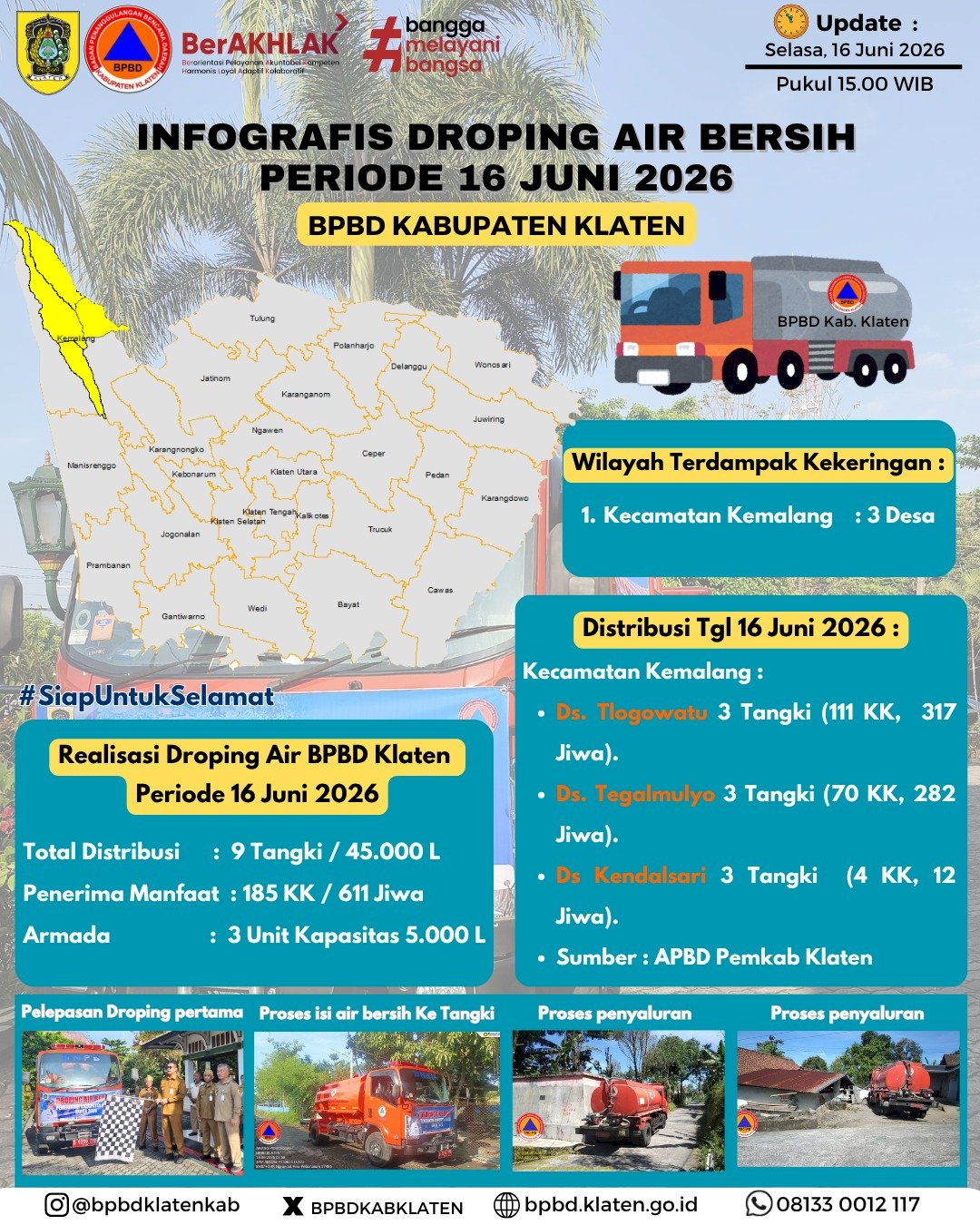Infografis Droping Air Bersih 16 Juni 2026 - BPBD Kabupaten Klaten