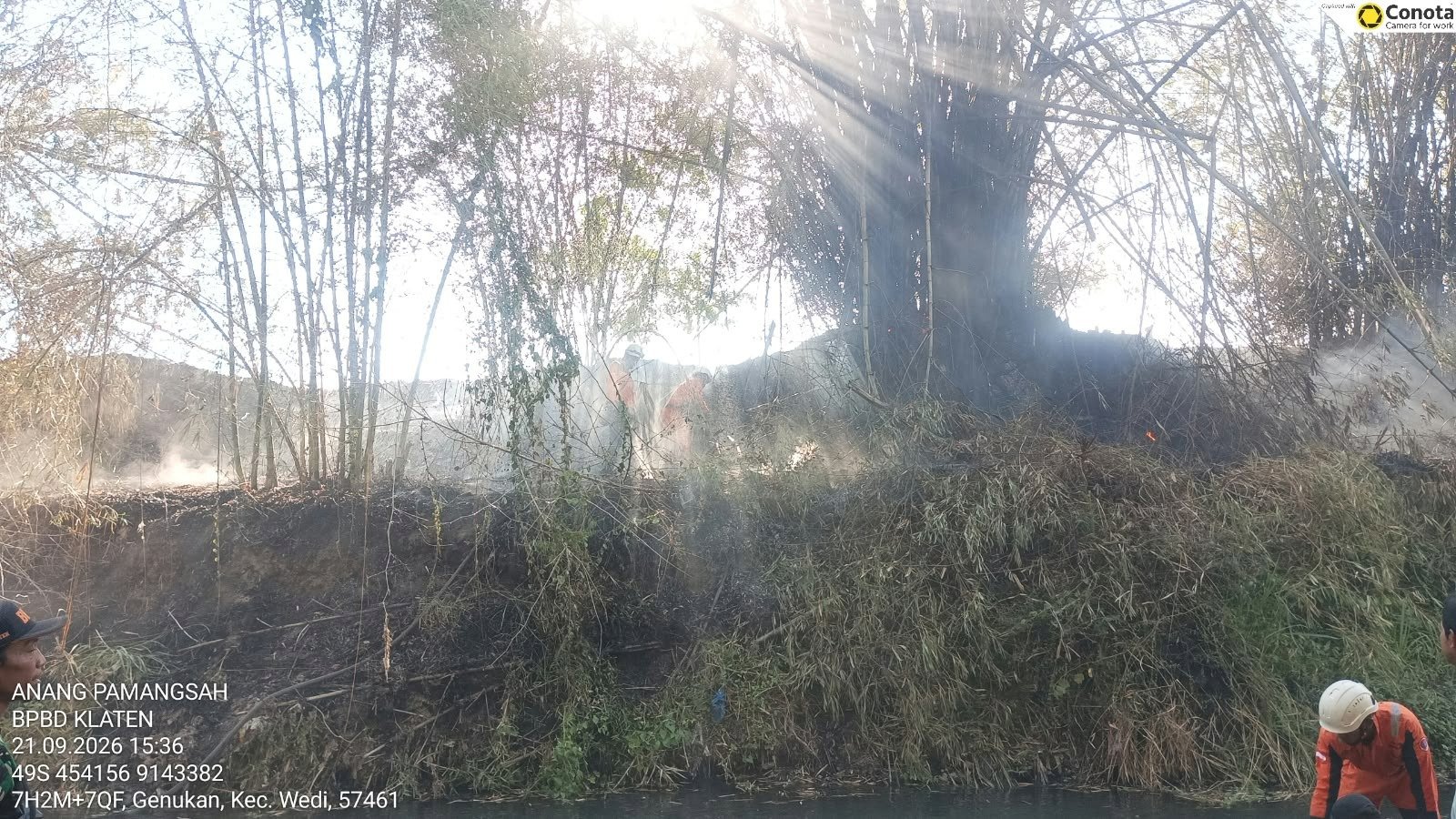 Kebakaran Rumpun Bambu luasan terbakar ± 733 m² di Bantaran Kali Ujung Desa Gadungan, Kecamatan Wedi